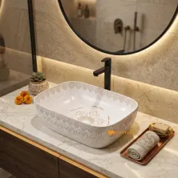 Delicate Lace Printed White Table Top Wash Basin Code40522
