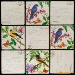 Vintage Cream Postcard Songbird Vitrified Motif Tile Code39934