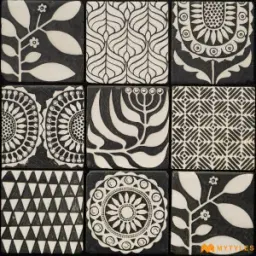 Black Scandinavian Floral Motif Wall Tile Code39927