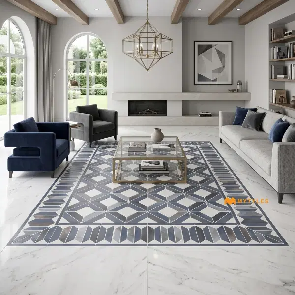 Blue & White Geometric Carpet Tile | Sterling Cubes