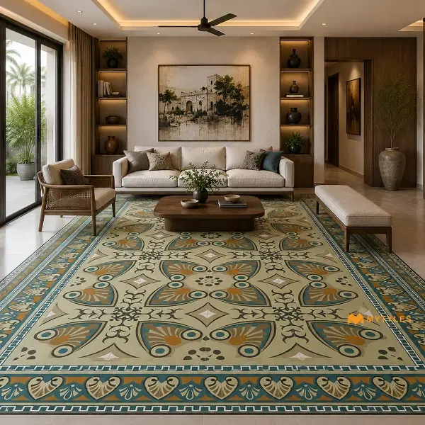 Beige Paisley Carpet Tile | Teal Palmette