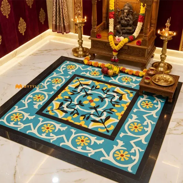 Turquoise Floral Carpet Tile | Saffron Vinework