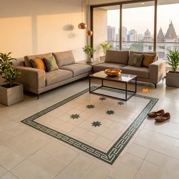 Beige & Green Geometric Carpet Tile | Olive Starframe