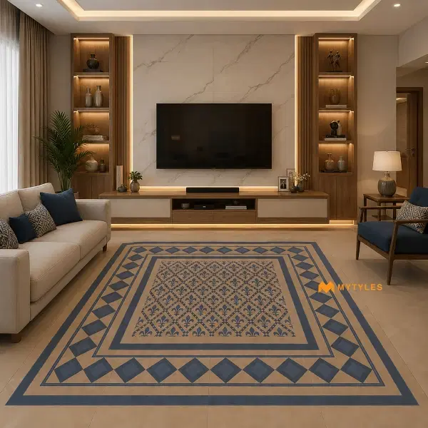 Beige & Blue Heritage Carpet Tile | Indigo Fleur