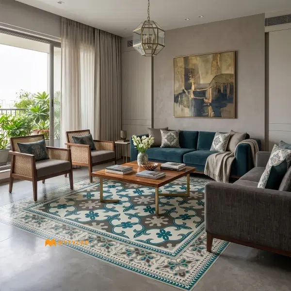 Teal Floral Carpet Tile | Seafoam Arabesque