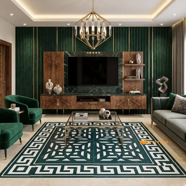 White & Green Geometric Carpet Tile | Malachite Labyrinth