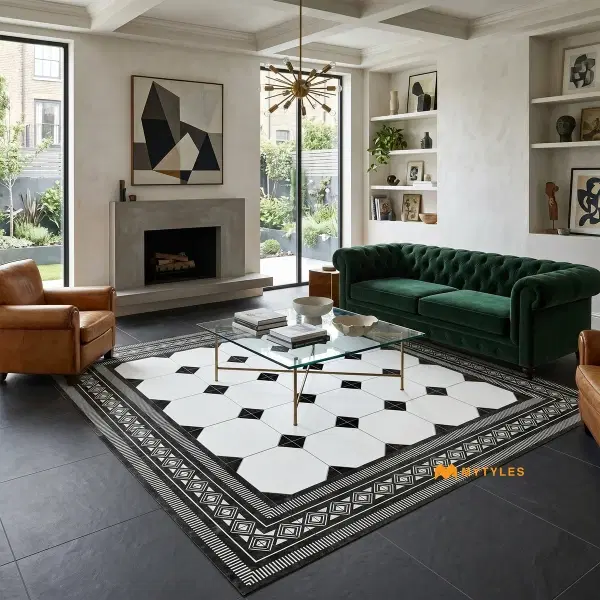 Black & White Octagon Carpet Tile | Obsidian Octave