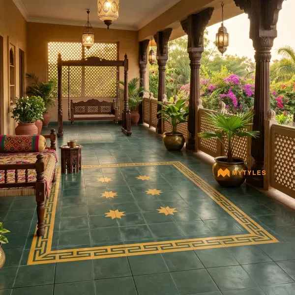 Green & Gold Geometric Carpet Tile | Forest Starline