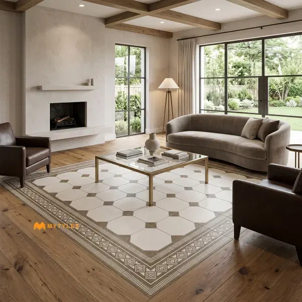 White & Beige Octagon Carpet Tile | Linen Octet