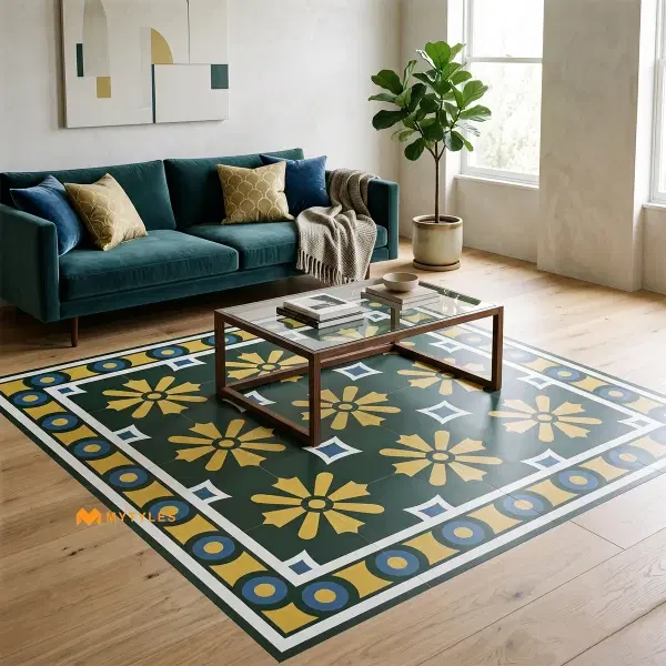 Teal & Mustard Floral Carpet Tile | Golden Daisy
