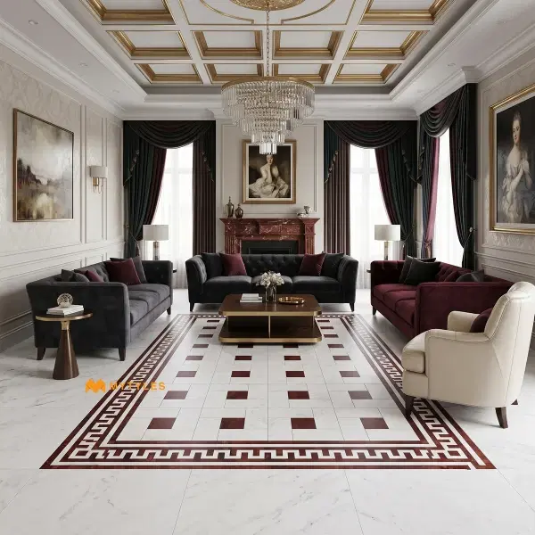 White & Red Geometric Carpet Tile | Crimson Meander